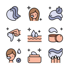 Eye gel patches color icons set. Simple illustrations of eye mask. Trend care products signs collection. Flat isolated vector signs set on white background.