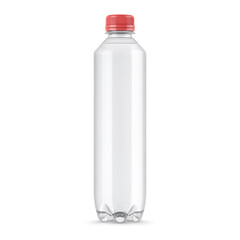 Mineral water in blank plastic bottle with cap on white background