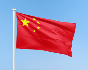 China flag illustration. Realistic China flag on stick on sky background