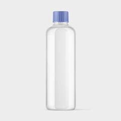 Mineral water in blank plastic bottle with cap on white background