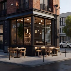 A modern cafe with large windows on a street corner, dark and light exterior. 