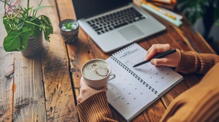 Handwriting appointments in a planner with a coffee cup and laptop nearby