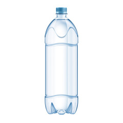 Mineral water in blank plastic bottle with cap on white background