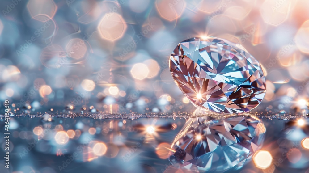 Poster a close-up of a sparkling diamond resting on a reflective surface with bokeh lights in the backgroun