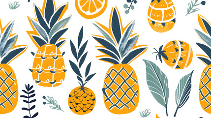 Watercolor pineapple seamless pattern, hand painted fruit illustration for textile, wallpaper, notebook, vegan menu, print
