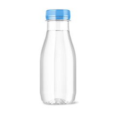 Mineral water in blank plastic bottle with cap on white background