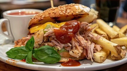 Delicious pulled pork sandwich topped with barbecue sauce, served with french fries on the side and a cup of dipping sauce.