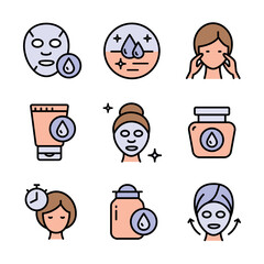 Makeup removal and skin care icons set. Face, beauty, health, woman, healthy, mask, clean, fresh, girl, cleansing concept. Vector illustration isolated on white background. Aesthetic cosmetology color