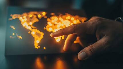 A hand points to a glowing world map, with bright lights representing various locations, symbolizing global connectivity and data analysis.