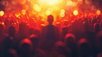 Silhouette of a man standing out in a vibrant crowd under a warm, glowing light with bokeh effects, creating a dramatic and intense atmosphere.