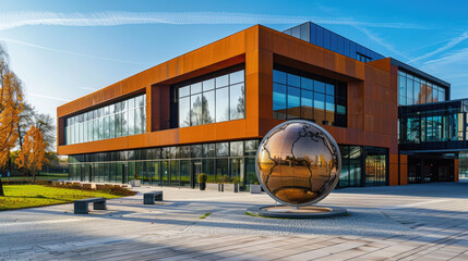 Modern campus building with large globe sculpture symbolizing global business education at college