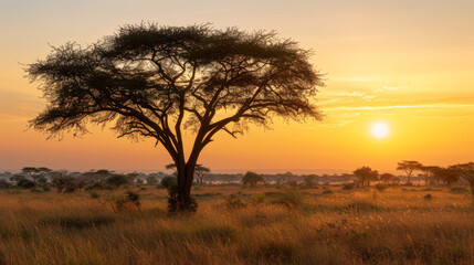Obraz premium The beautiful African savanna welcomes a new day as the sun rises over the horizon. An acacia tree stands tall against the golden sky, its branches reaching towards the heavens.