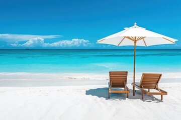 Obraz premium A photo of a beach with clear blue water and white sand, featuring sun loungers under an umbrella. The composition evokes a sense of luxury travel, relaxation and vacation.