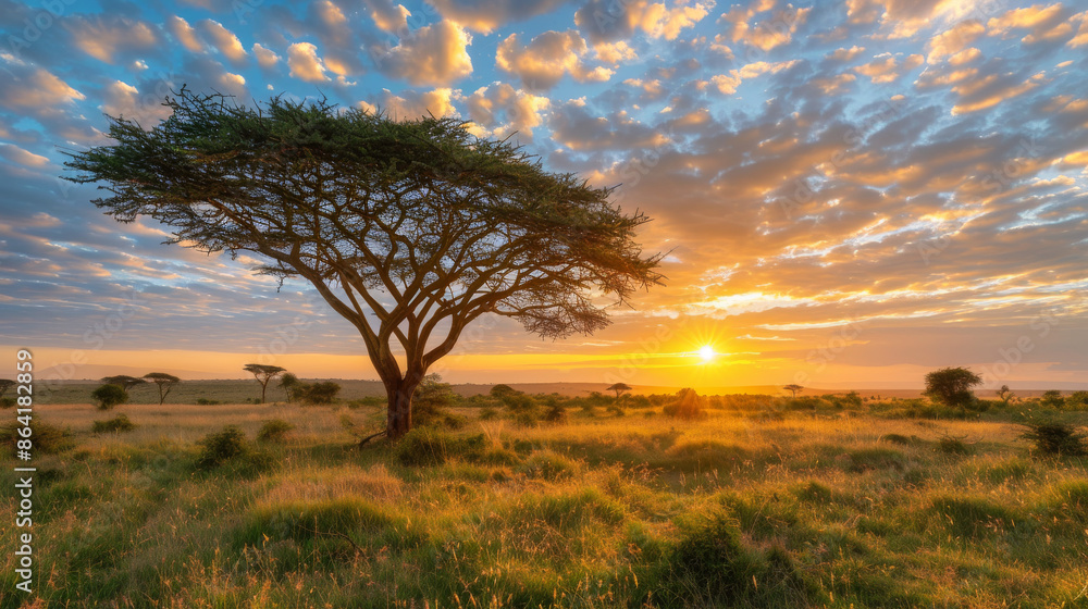 Wall mural the beautiful african savanna welcomes a new day as the sun rises over the horizon. an acacia tree s