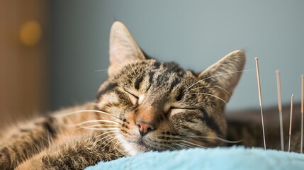 Fototapeta premium Relaxed Feline Receiving Calming Acupuncture Treatment