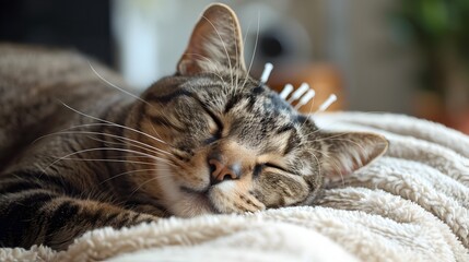 Relaxed Feline Undergoing Rejuvenating Acupuncture Therapy on Cozy Cushion