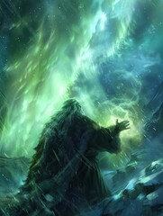 Man in fur coat with glowing green aura, embodying the power of an oracle.