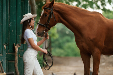 Young beautiful woman is with a horse outdoors