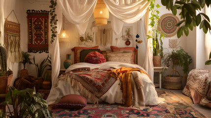 A cozy bedroom interior with a bohemian vibe, featuring a canopy bed, soft linens, colorful throw pillows, and eclectic decor.
