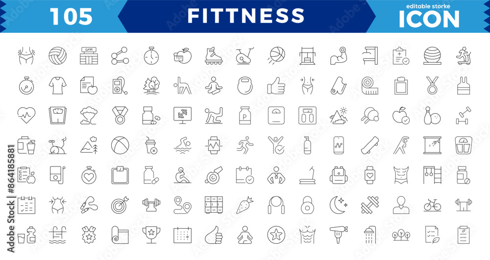 Wall mural web set of fittness vector thin line icons.sport, gym and fitness line icons set. contains such icon