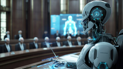 Fototapeta premium AI Robot Presenting in Corporate Boardroom 