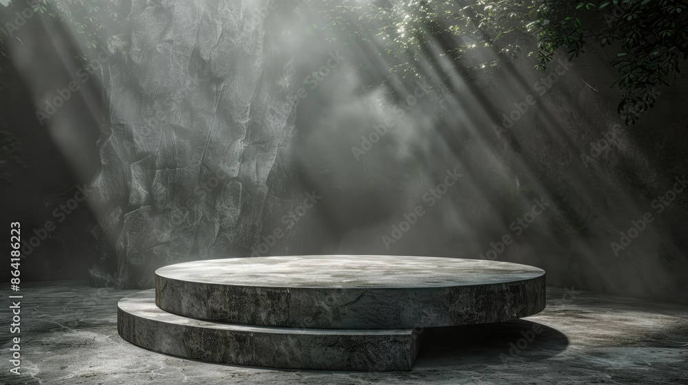 Poster an empty circular concrete podium bathed in soft sunlight rays, creating a dramatic and serene atmos