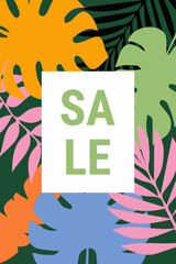 Summer Sale banner design with leaf. Tropical leaves background vector, monstera leaves. design for wallpaper, cover, cards and packaging.