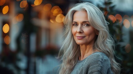 A refined older woman with flowing gray hair, standing outdoors in evening light, with warm bokeh lights creating a graceful portrait.