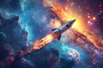 Fototapeta premium Rocket launching into a starshaped nebula, streaks of colorful cosmic dust trailing behind, deep space backdrop with swirling galaxies, celestial wonder and exploration