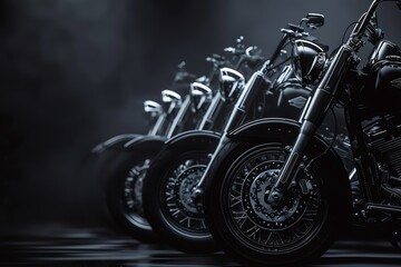 A dramatic black background with a lineup of classic motorcycles
