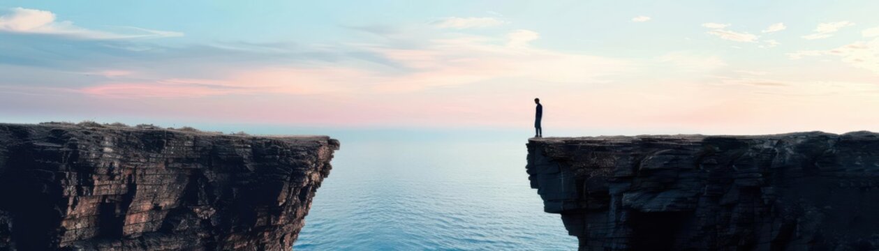 A person standing on the edge of a cliff, facing another cliff across a chasm with a beautiful sky and ocean in the background.