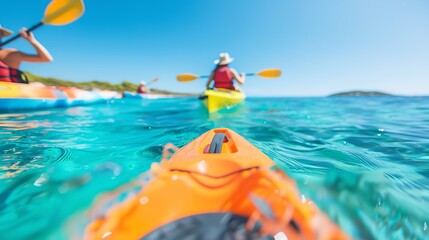 Group of kayakers paddling in clear blue water on a sunny day. Adventure sports and summer outdoor activity.