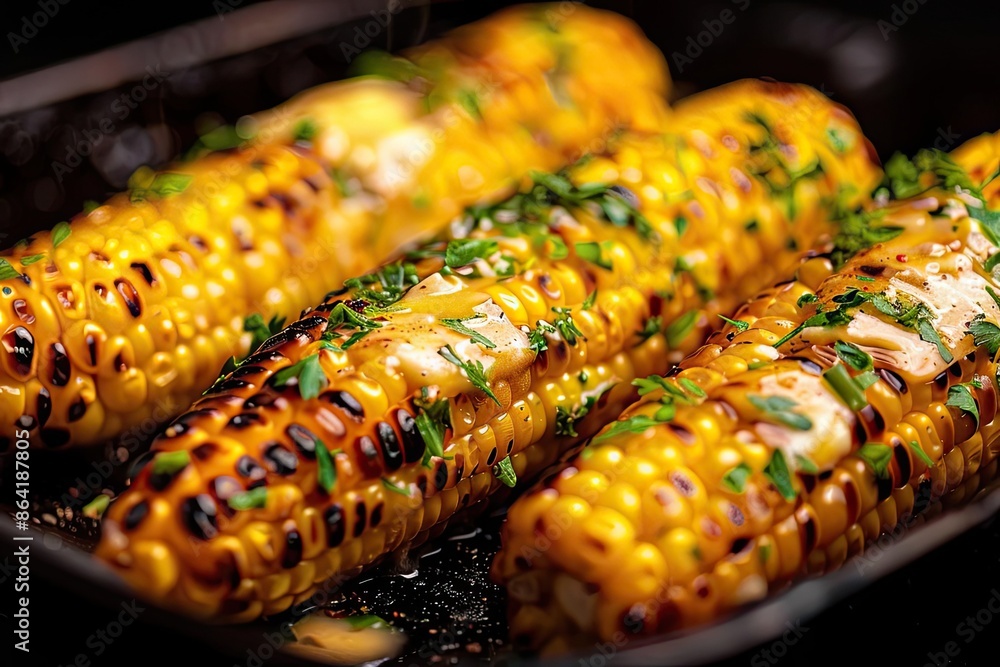 Wall mural Close-up of grilled corn on the cob with melted butter and herbs, showcasing a delicious and appetizing summer food idea. - Wall murals