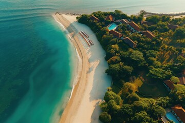 Fototapeta premium An aerial view of a luxury beach holiday resort, with clear blue water and white sand. This scene creates a relaxed atmosphere for summer vacation or travel advertising.