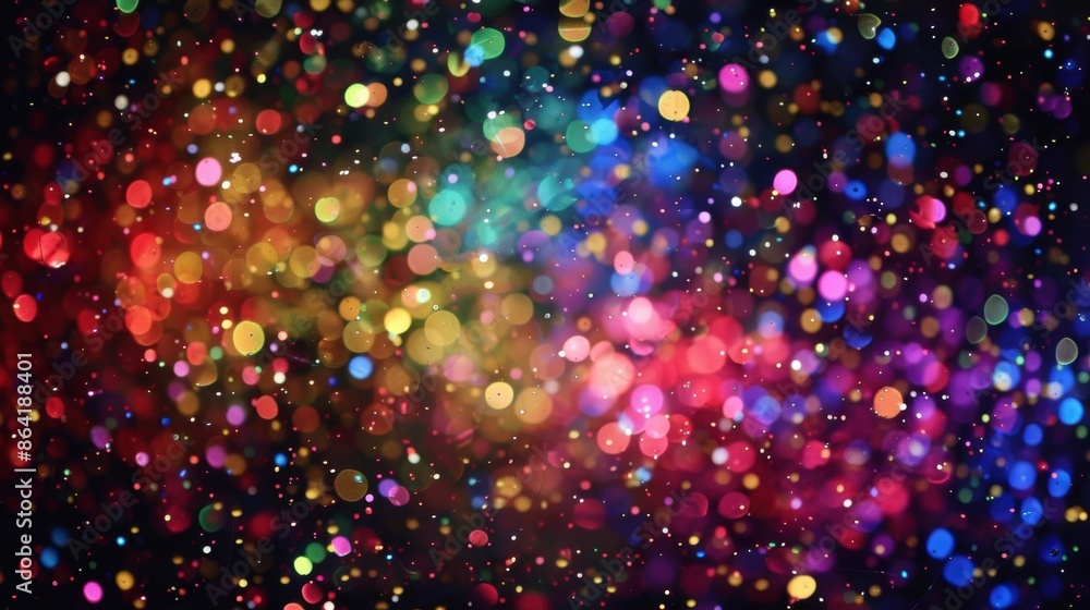 Poster a dazzling display of colorful bokeh lights forming a rainbow effect against a dark background, crea
