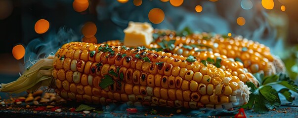 Grilled corn on the cob with herbs and melted butter, steaming hot and garnished with fresh cilantro on a festive background.