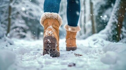 A person in boots walks through a snowy winter forest, capturing the essence of cold weather and outdoor exploration.