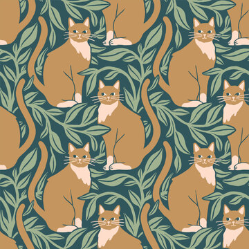 Hand drawn Art Nouveau Inspired seamless pattern with ginger cats and botanical lush green plants, playful seamless pattern for home decoration and stationery 