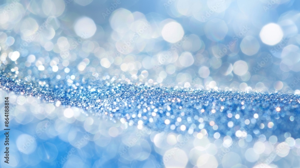 Poster a close-up of sparkling blue glitter with bokeh highlights, creating a magical and festive effect fo
