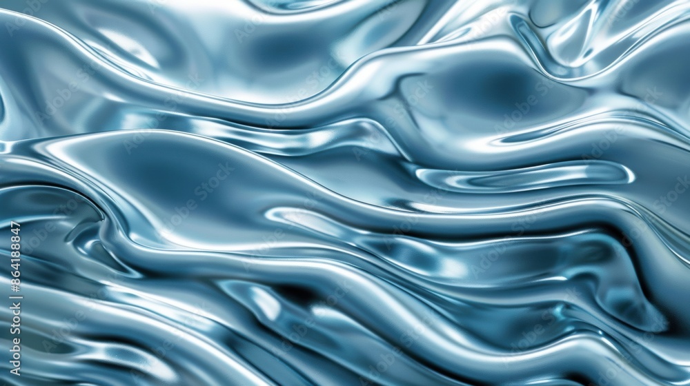 Poster an abstract composition featuring flowing metallic waves in blue tones, creating a sleek and futuris