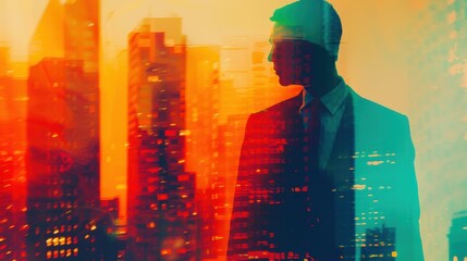 Fototapeta premium Business suit, city skyline, close up, focus on, copy space, vibrant colors, Double exposure silhouette with skyscrapers