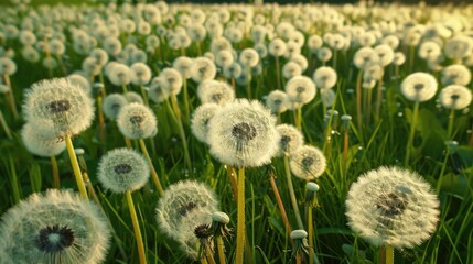 Field Of Dandelions. Fluffy Blowballs in a Green Field of Nature
