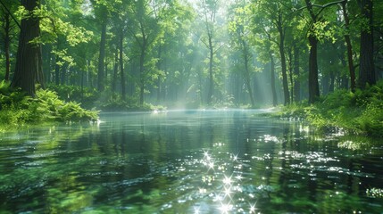 Obraz premium A tranquil forest clearing with a gentle stream, creating a serene atmosphere for a beautiful song.