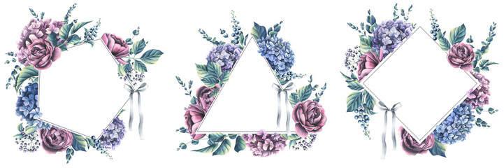 Hydrangea flowers, roses and decorative leaves, berries, eucalyptus twigs. Watercolor illustration. Set pentagon, triangle, rhombus frames from the WEDDING FLOWERS collection.