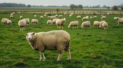 Fototapeta premium Sheep Grazing - A Scenic View of Domestic Ewes Eating on a Green Farmland