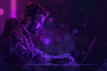 Moody illustration of a man working on a laptop in a dark, neon-lit environment. Ideal for tech blogs, digital marketing, and cybersecurity themes