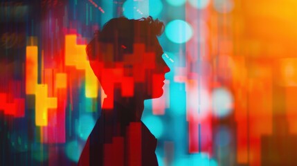 Fototapeta premium Stock chart, businessman, close up, focus on, copy space, vibrant colors, Double exposure silhouette with financial graphs