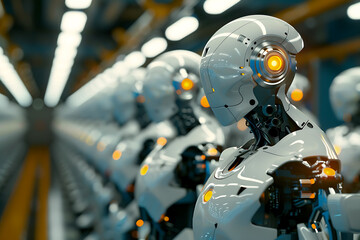 Fototapeta premium A high-tech factory with robots on an assembly line, manufacturing car body parts efficiently.