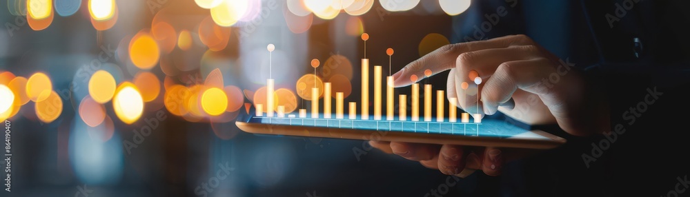 Poster businessman analyzing growth on a tablet with colorful charts and graphs, highlighting data-driven i