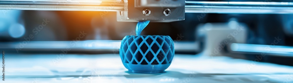 Poster close-up of a 3d printer creating a blue geometric object, showcasing modern technology and precisio